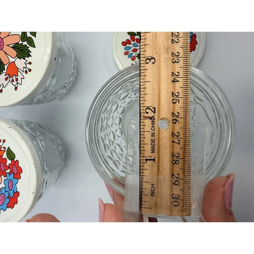 1960's Ball Quilted Glass #810 Jelly Jars White Floral Metal Caps Set 4 MCM
